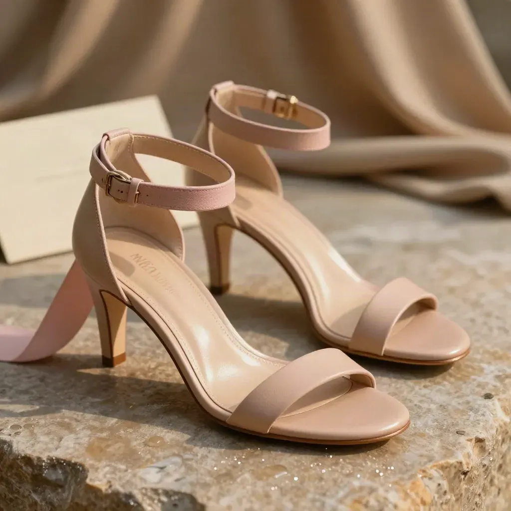 Sandalias de tacón medio sobre piedra húmeda con cinta rosa empolvada y luz suave.