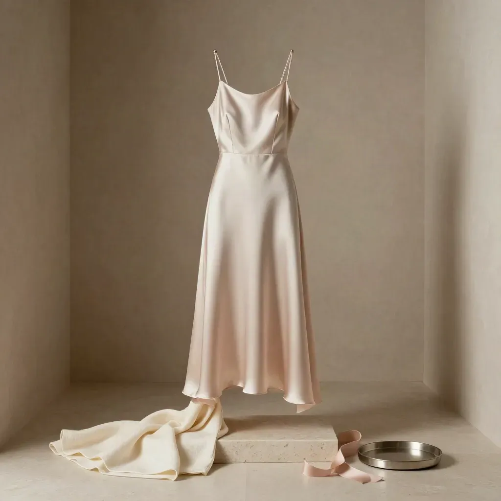 Vestido midi de satén crema con tirantes finos, sobre travertino y toques rosa empolvado.