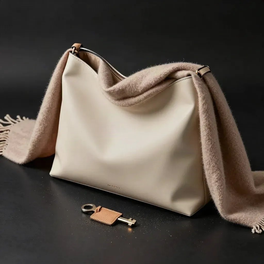 Bolso shopper abierto con bufanda neutra sobre fondo negro, luz dramática.