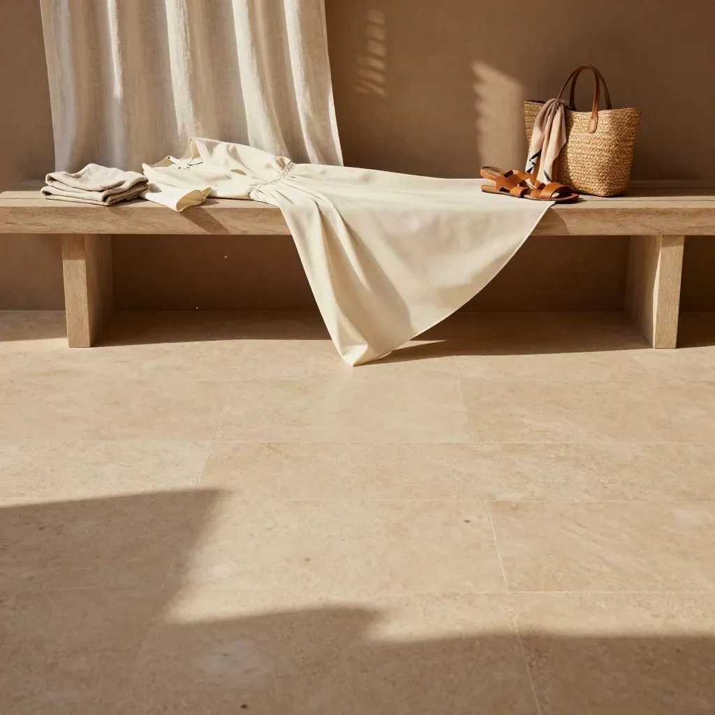 Terraza de piedra crema con vestido vaporoso, lino y sombras suaves para copia.